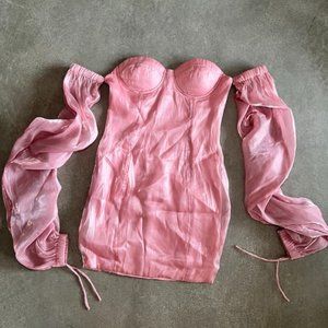 Fairytale light pink boho chic off the shoulder long sleeve midi dress